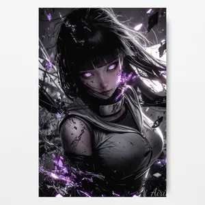 Hinata Anime Poster, Glitch Graphic Design Anime Poster, Neon Accents, Sharp Pattern Warrior Look, High Quality Cardboard, for Men & Women