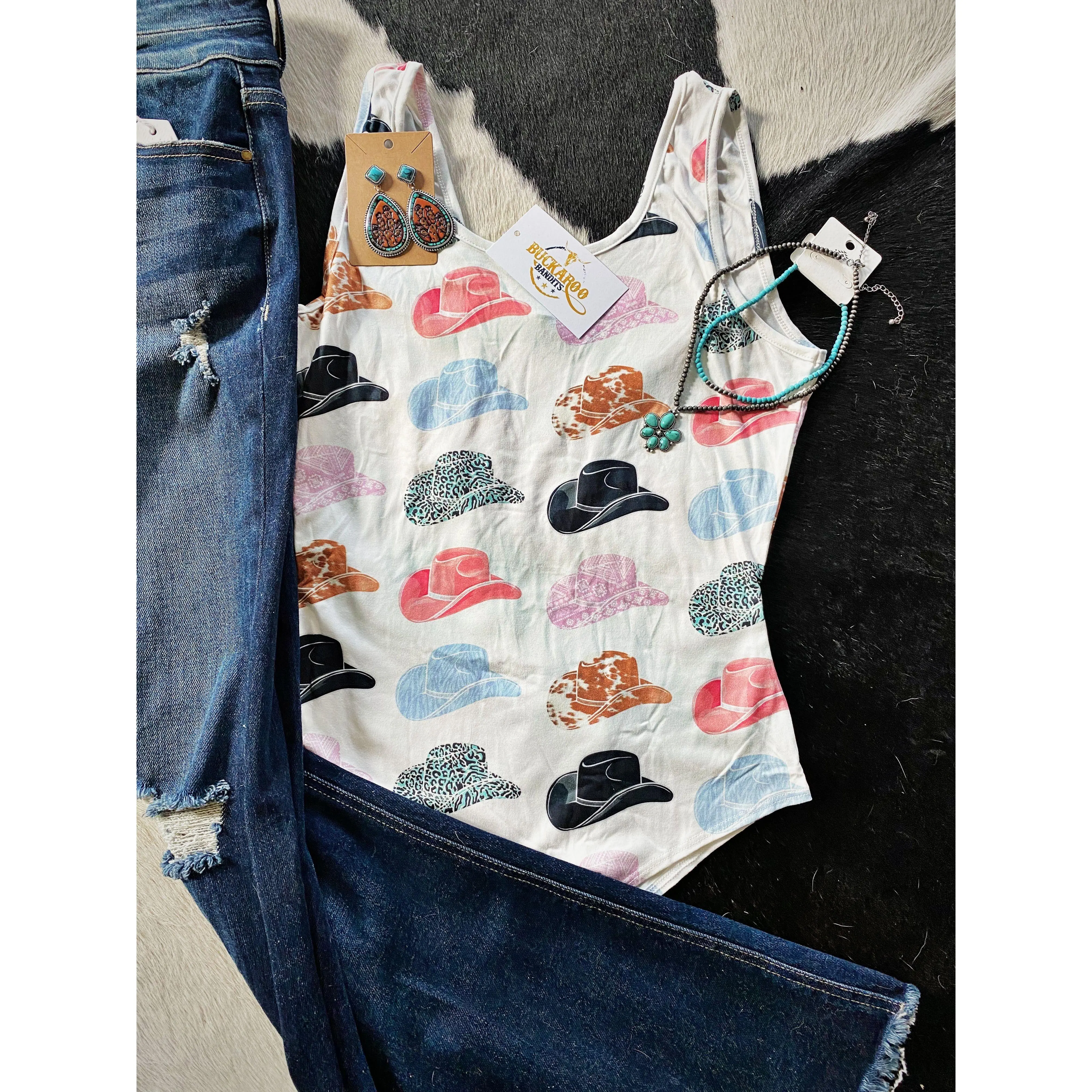 Cowboy Hats Bodysuit Womenswear Tops Casual Sleeveless Print