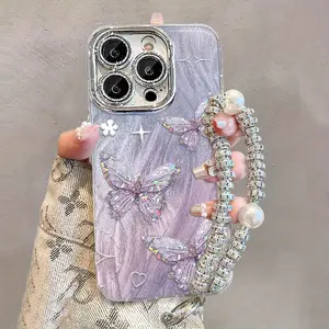 Gradient Purple Pink Butterfly pattern mobile phone case with bracelet lanyard, anti-fall, non-slip TPU full-cover lens protective case, suitable for iPhone 17 16 15 14 13 12 11 XS X and other series models, can be given as a gift to friends or family