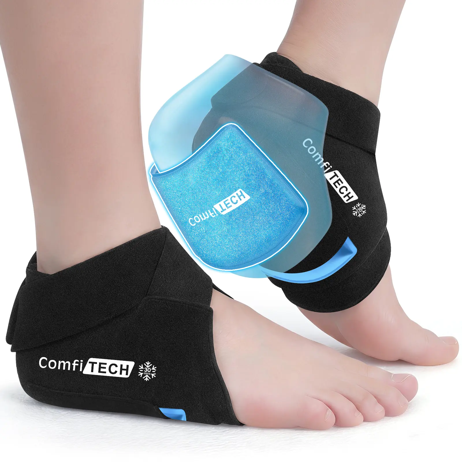ComfiTECH Plantar Fasciitis Relief Ankle Ice Pack Wraps for with 30-Min Extended Cooling, Dual-Gel Foot Ice Packs for Heel & Sole, Reusable Gel Cold Pack for Achilles Tendonitis, Sprain, Swelling