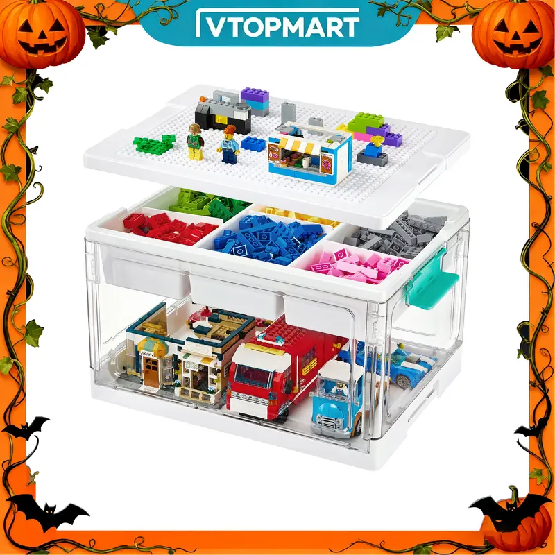 【Video Only】Vtopmart 2/4Pack 24QT Collapsible Lego Organizer Storage Bin, Multilayer Storage, Building Baseplate Lid, Removable Tray, Divided Compartment Water&Dust Proof Lockable, Playroom Restock, Halloween GiftIdea