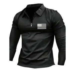 Men's Patriotic American Flag Print Long Sleeve Shirt - Casual, Stylish Golf Top with Zipper Detail, Machine Washable, Perfect for All Seasons