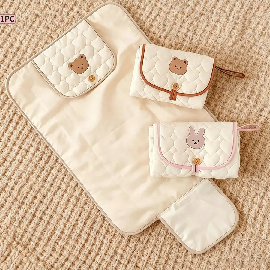 Cream Bear-Patterned Portable Diaper Changing Pad, Foldable and Breathable Polyester with Adjustable Strap for Travel, Secure Closure and Diaper Pouch, Travel Diaper Tote Bag, Diaper Purse