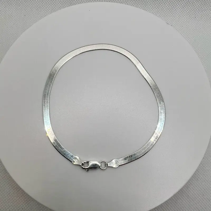 925 Sterling Silver Herringbone Chain Bracelet for Adults, Dainty Flat Interlocking Fishbone-Like Links, Mirror-Like High-Shine Finish, 8 in, Sliding Chain, 3g Weight, 4.3 Width, Ideal for Daily Wear