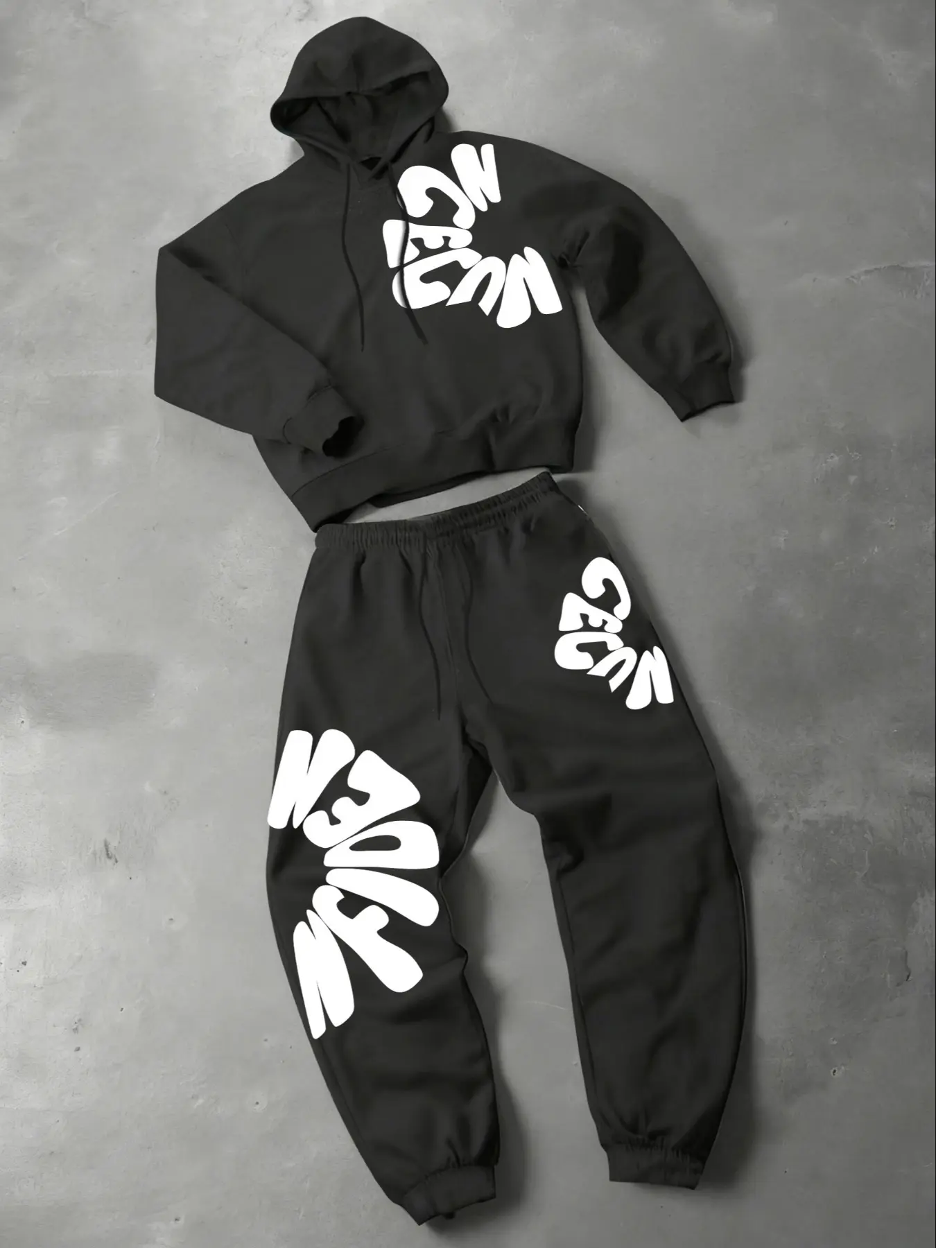 JESUS’ Graphic Tracksuit Set — Hot-Selling Streetwear! Bold Repeated Text Print, Black Matching Hoodie & Sweatpants. Oversized Fit For Urban Casual Style. Trendy Co-ord Statement Piece.