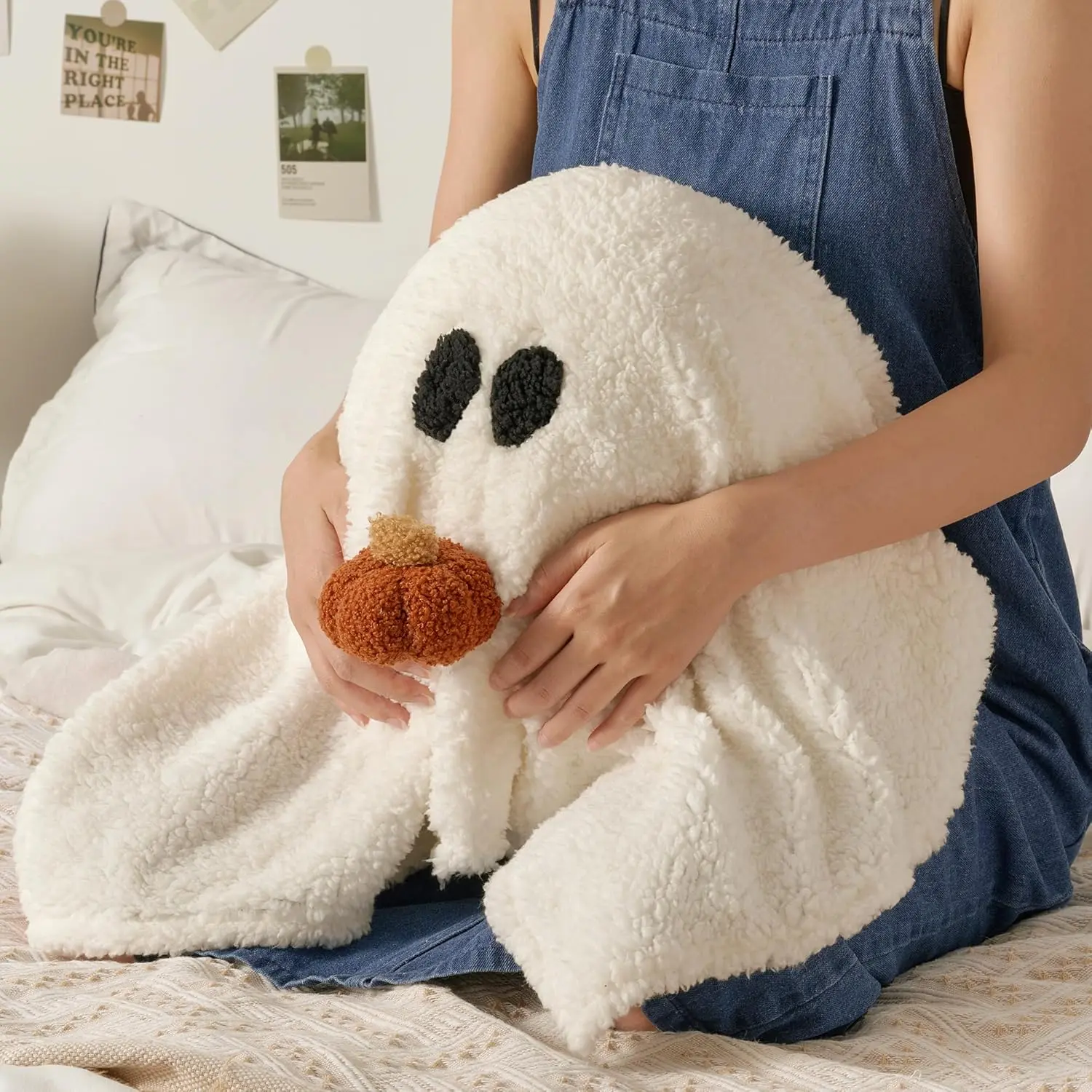 Ghost Pillow with Pumpkin, Ghost Plush, Ghost Shaped Pillow,  The Ghost with Pumpkin Pillow, 12in Spooky Halloween Ghostly Plush Pillow