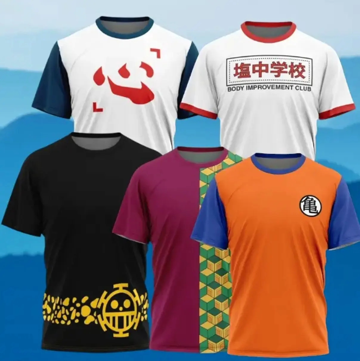 Body improvement club mob psycho 100 T-shirt, trafalgar lawpunk hazard outfit t-shirt, Giyu tomioka demonslayer t-shirt, gokukamekai t-shirt, chairman neteroHunterXHunter t-shirt, anime shirt