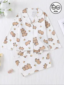 Cute Capybara Print Kids Fire-Resistant Set, Cartoon Print Pajama, Long Sleeve Button Front Top & Elastic Pants, Casual All-Season Sleepwear