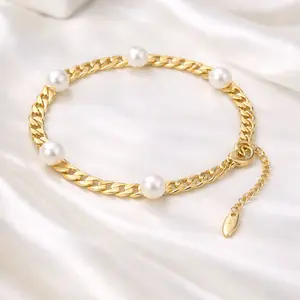 Pulsera estilo cubana con perlas medida 5mm x 7 inches + extencion 8 inches