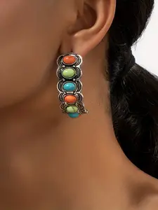 Bohemian Western Style Colorful Turquoise Arc Statement Earrings for Women, Random Stone Pattern, Fashion Jewelry Accessories
