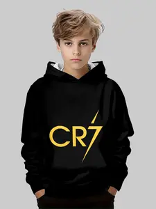Boys' Cr7 Logo Hoodie, Football Star Casual Fitted Sweatshirt, Spring Fall Winter Outdoor Loose Fit, Random Print