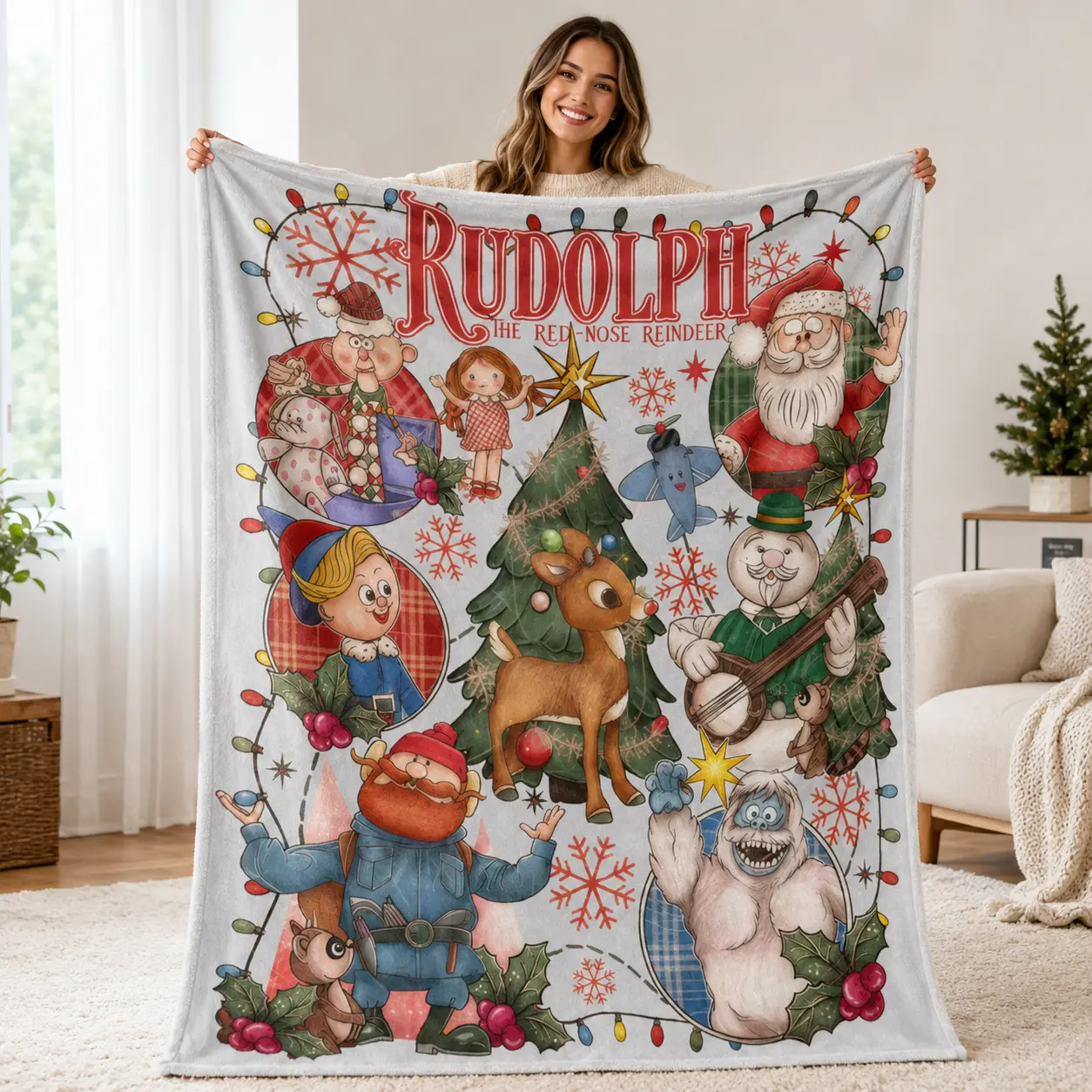 Rudolph the Red - Nosed Reindeer Christmas - Themed Blanket| Sofa Binging Throw, AC Home Blanket, Outdoor Picnic Vibe For Christmas party decor, winter family movie nights, New Year gathering decor Ideal for Christmas, New Year's Day, New Year