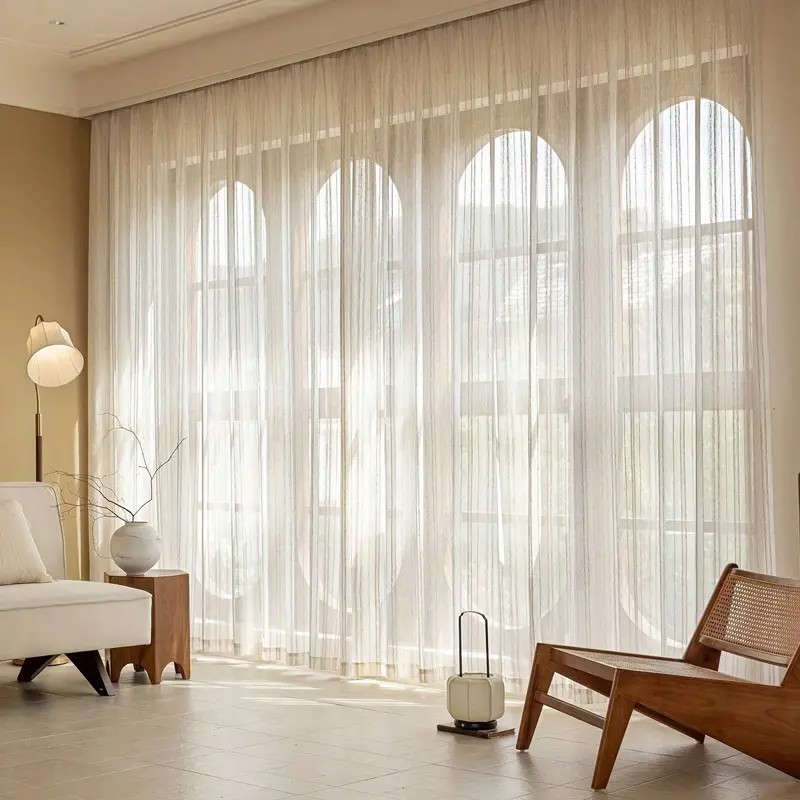 Japanese Wood Grain Linen Striped Sheer Curtains Set of 2, Home Decoration Curtain, Thick Transparent Curtains for Living Room & Bedroom, Multi-Functional Thermal Fabric, Window Curtains