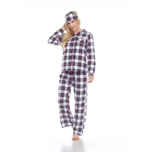 212 MAIN Women's 3-Piece Purple & White Plaid Long-Sleeve Leg Pajama Set - pj sets for women, Comfortable Breathable Fabric, Eye Mask, Large Size - Sleepwear & Loungewear