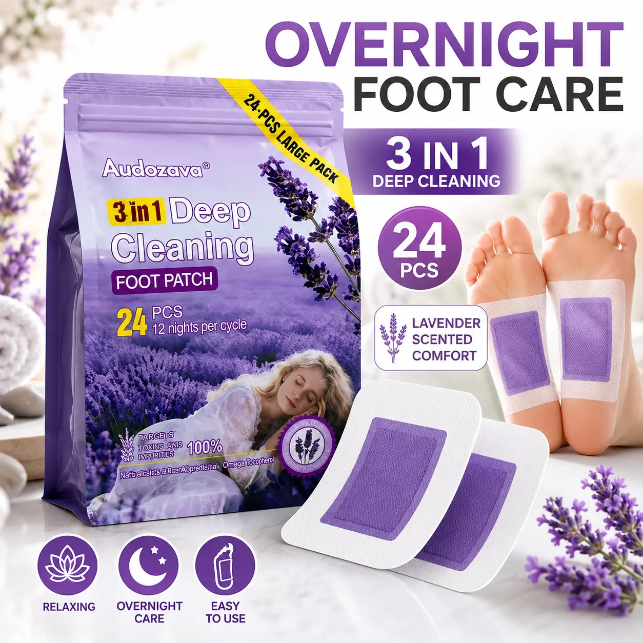 Audozava 3-in-1 Deep Cleaning Foot Patch – 24PCS Overnight Detox Pads with Lavender Scent, Relaxing Foot Care, Removes Toxins & Impurities, Softens Feet, Easy to Use for Healthy, Refreshed Skin