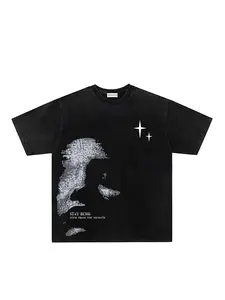 American Retro Dark Streetwear Style Washed Vintage Tie-Dye Girl Print Cross T-Shirt, Unisex Summer New Trend Fashion Casual Round Neck Short Sleeve Top