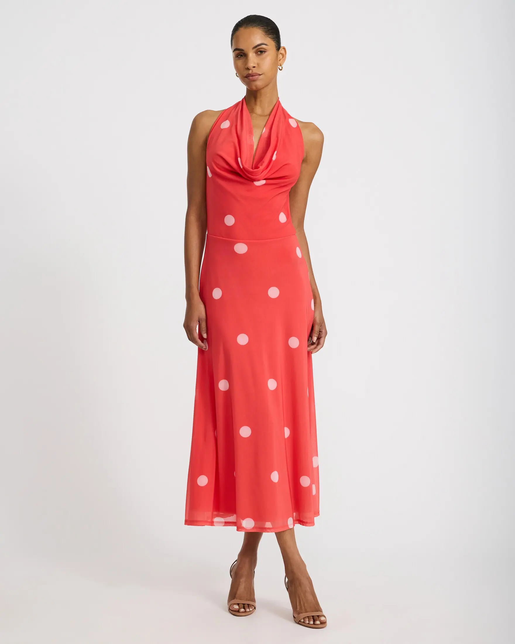 Express Mesh Polka Dot Halter Cowl Neck Maxi Dress