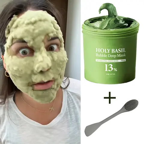 bubble  basil  mask Cooling Cleansing Mud Mask Holy Basil Bubble Deep Mask – Holy Basil & Carbonated Water for Cleansing Pores & Blackheads, Suitable for All Skin Types, Vegan Clay-to-Bubble Wash-Off Mask (90g / 3.17 oz)