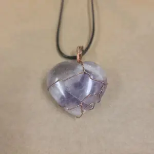 Amythest Heart Polished Wire Wrapped Pendant for Women Stone Jewelry Unique Design Natural Stone Necklace