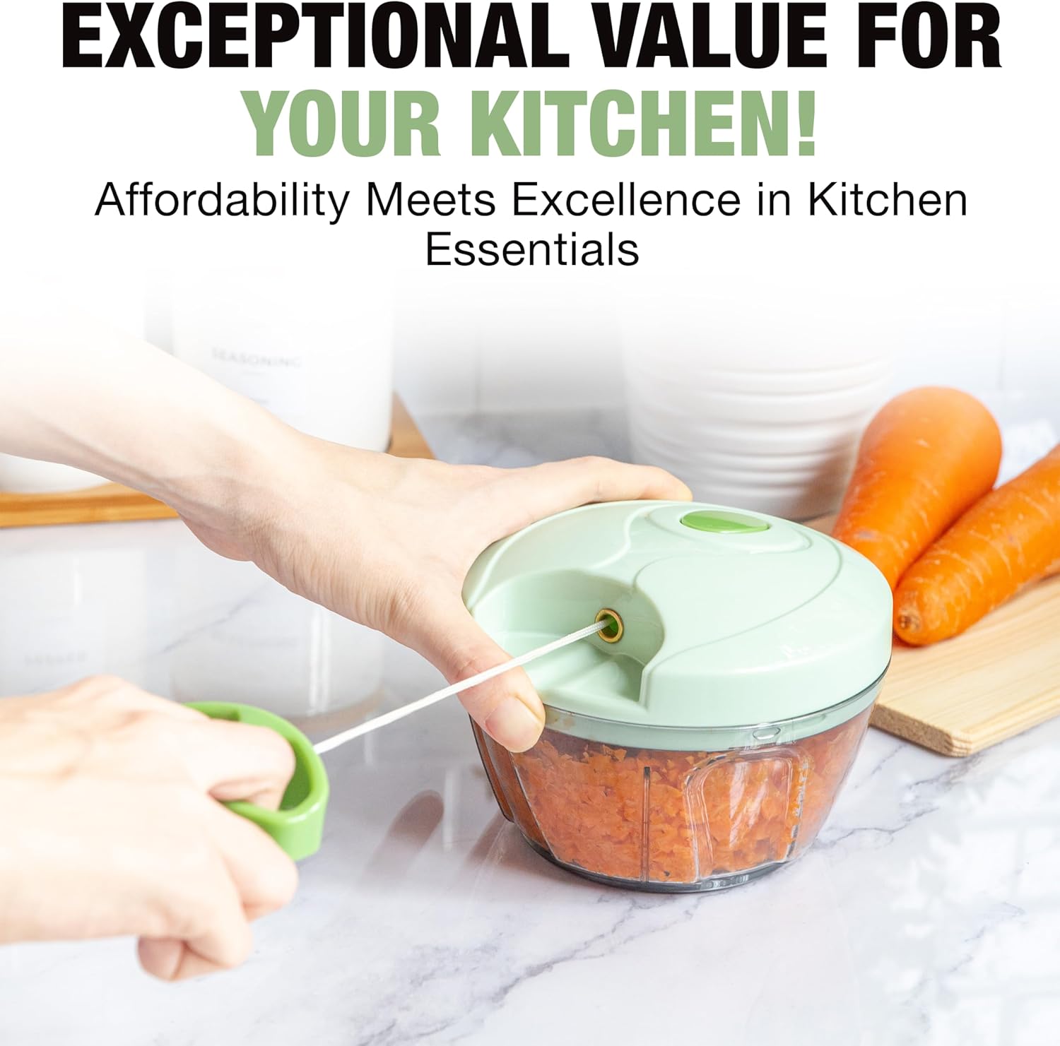 Manual Food Processor - Pull String Hand Chopper for Kitchen - Handheld Vegetable & Salad Cutter - Portable Garlic Mincer & Onion Dicer - Compact BPA-Free Stainless Steel Veggie Slicer - 18 oz