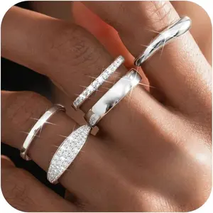 CASSIECA 5Pcs Adjustable Ring Set for Women Silver Stackable Rings with CZ Thumb Ring Finger Ring Engagement Ring Promise Ring Open-Style Ring Accessories Gifts for Women Girlfriend Summervibes