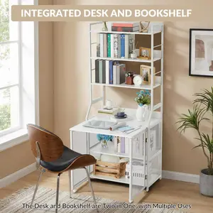 Modern 2-in-1 Bookshelf with Integrated Desk, Space-Saving Metal Chipboard Bookcase, Sturdy Frame Storage Shelf, Contemporary Home Office Furniture for Study Room Small Apartment