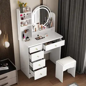 Upgraded Makeup Vanity Set Dresser Desk with 5 Drawers, Light Shelf, Round Mirror with Touch Screen & Cushioned Stool