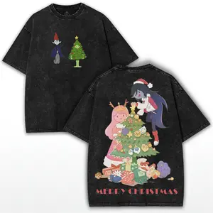 Bubblegum Princess and Marceline Christmas Graphic Tee - Festive Adventure Time Design on Unisex Washed Shirt for Anime Fans, Cozy Cotton Fit with Trendy Holiday Vibes and Charming Cartoon Magic
