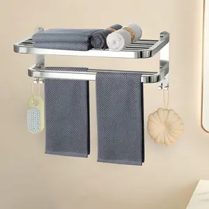 15 Inch Bathroom Towel Rack Shelf with Double Towel Bars Wall Mount Holder with Hooks Stainless Steel for Lavatory Hotel Bath