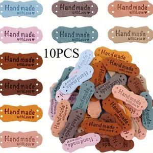 10pcs Colors Handmade Leather Labels, Microfiber Color Leather Labels, Love Hand Embossed Crochet Labels With Holes Lettering For Handicrafts, Knitting, Sewing, Hats, Purses And Clothing Making