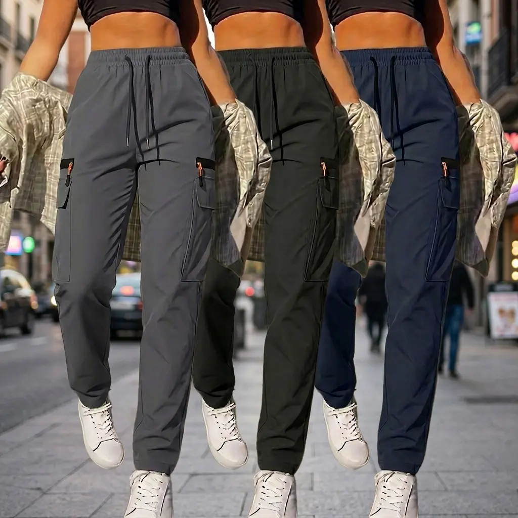 Women’s Summer Breathable 3-Piece Cargo Pants Set - Lightweight, Quick-Drying Hiking/Light Outdoor Casual Long Pants with Drawstring, Faux Zipper Detail, Multiple Pockets, Adjustable Waistband, Zipper Faux Detail
