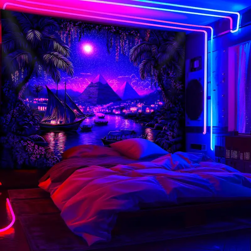 1pc Hand Stitched UV Glow-in-the-Dark Tapestry - Fantasy Night Scene with Glowing Ships & Pyramids, Large Peach Light Beige Fluorescent Polyester Wall Hanging, Wrinkle-Resistant, Indoor-Outdoor Wall Decor for Bedroom, College Dorm