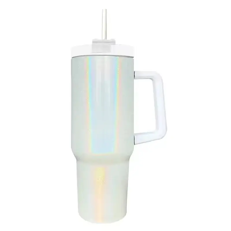 40oz White Glitter Insulated Tumbler with Handle & Straw