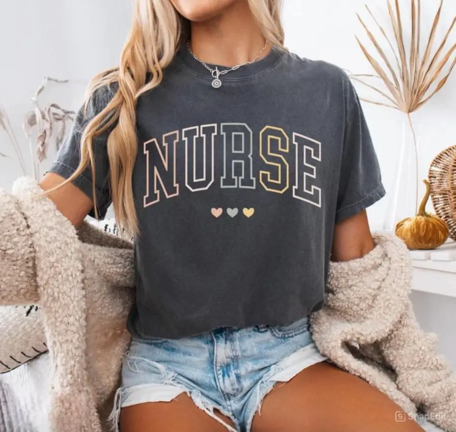 NURSE Graphic T-Shirt – Vintage College Letter Style With Pastel Hearts, Cute Casual T-Shirt For Healthcare Workers, Nursing Students, And Medical Staff