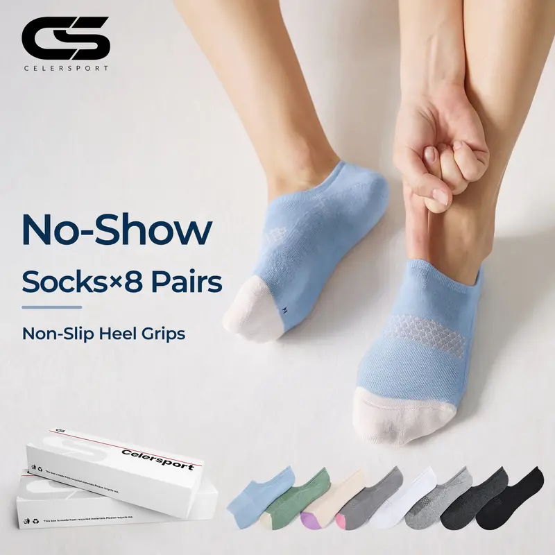 Women's Unisex 8-Pair Cotton No Show Socks - Casual Comfortable, Anti-Chafe Liners, Assorted Colors, Athletic Style, Airy Mesh Upper for Freshness, Grip Design, S