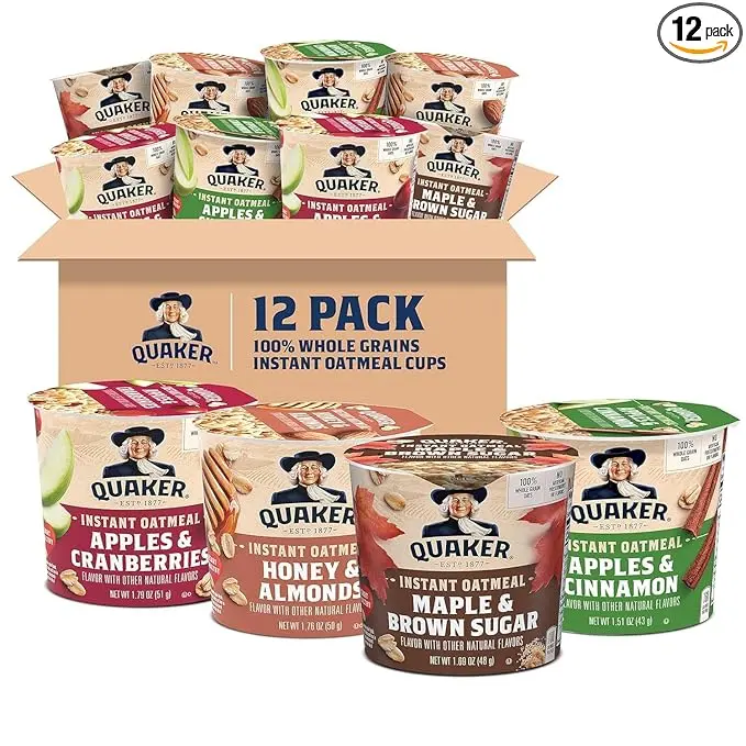 Quaker Instant Oatmeal Express Cups Variety Pack, 4 Flavors, 100% Whole Grain Oats, Single Serve Hot Oatmeal Cups, 12 Count, Vegetarian