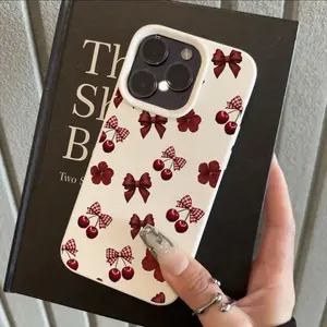 White lychee-pattern wine red cherry bow floral design, anti-drop matte back case, perfect for music lovers, ideal as a birthday gift, suitable for iPhone 17/16/15/14/13/12/11/X/XS/XSMAX, a holiday gift for friends, family, and yourself