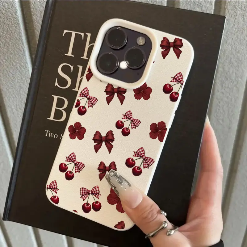 White lychee-pattern wine red cherry bow floral design, anti-drop matte back case, perfect for music lovers, ideal as a birthday gift, suitable for iPhone 17/16/15/14/13/12/11/X/XS/XSMAX, a holiday gift for friends, family, and yourself, Accessories, Smar