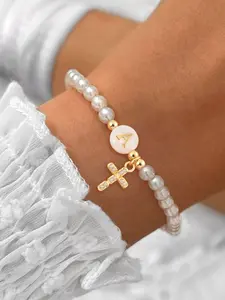 Mother's Day Gift Women's Vintage Fashion Pearl Beaded Bracelet, Round Shell Initial Zircon Cross Pendant Bracelet, Casual All-Season Jewelry, Exquisite Fashionable Bracelet