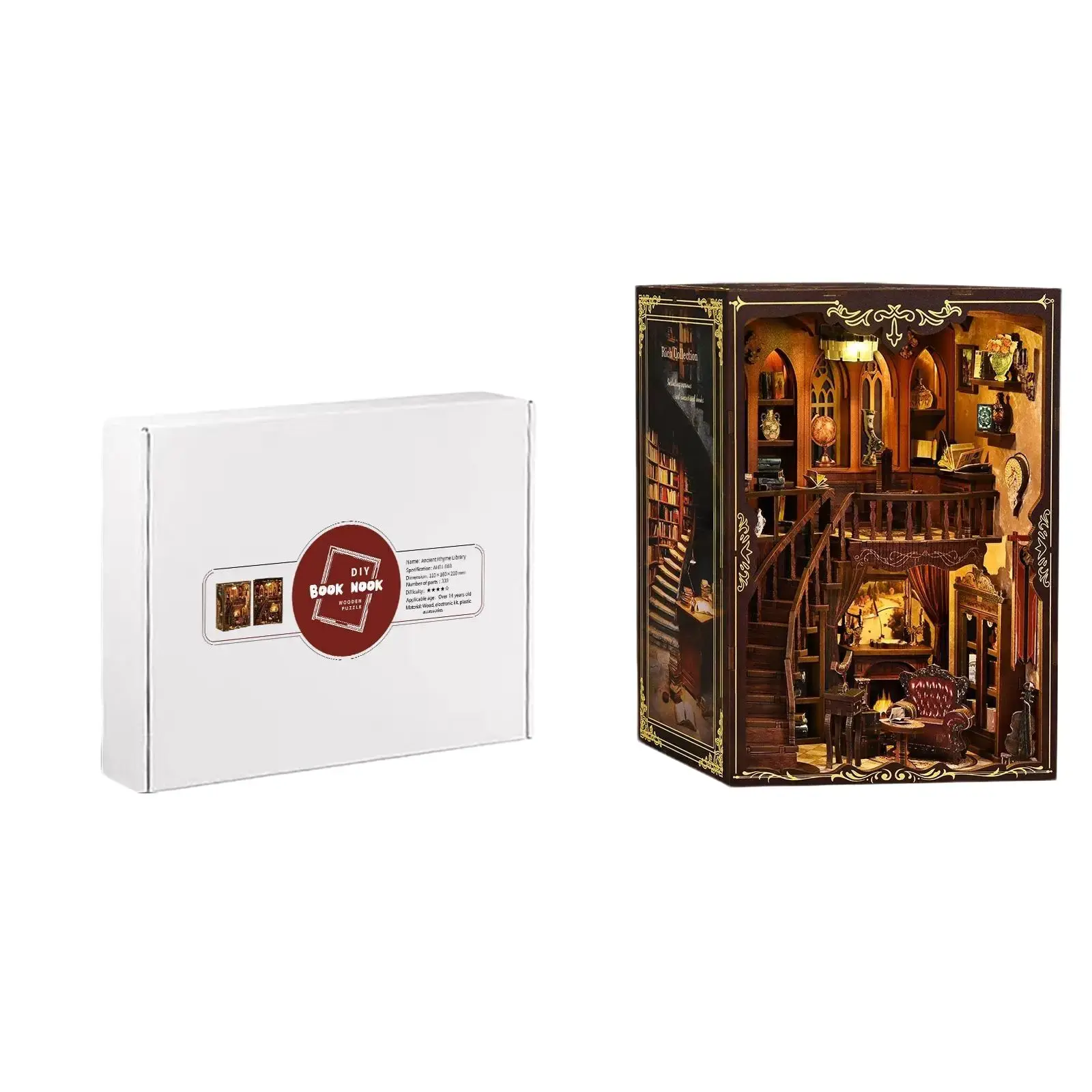 Ancient Rhyme Miniature Library Booknook Kit - Exquisite DIY Wooden Model with Assorted Pieces, Bookshelf Display Decor, Intellectual Development Building Toy