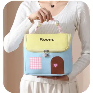 Dopamine Small House Makeup Bag for Women, Large Capacity Partitioned Handheld Waterproof Travel Portable Storage Bag, Travel Cosmetic Bags