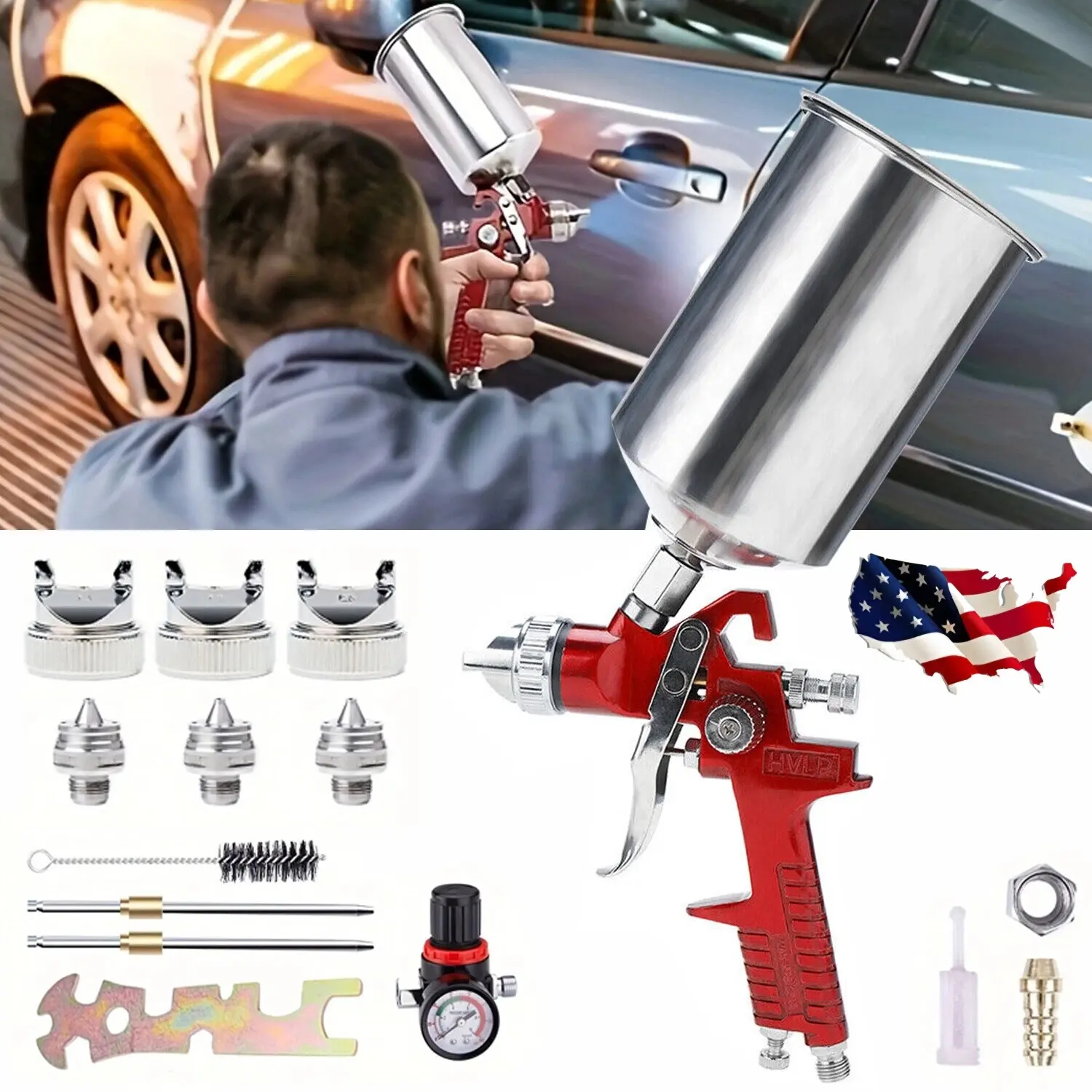 Professional HVLP Gravity Feed Air Spray Gun Set with 1.4-1.7-2.0mm Nozzles, 1000cc Aluminum Cup, Brush, Spanner Wrench, Screw for 2-3 HP Systems, Auto Paint & Wall Painting Applications, Adjustable
