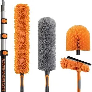 30 Foot High Reach Duster Kit with 7-24 ft Extension Pole // High Ceiling Dusting and Window Cleaning Kit with Telescopic Pole // Window Washer & Squeegee, Cobweb Duster, Fan Blade and Feather Duster