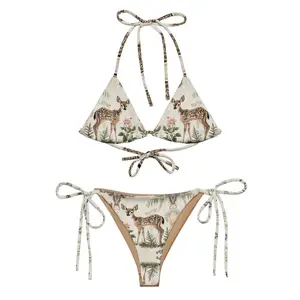 Women Vintage Fawn Deer Floral Forest Print Bikini Set Triangle Halter Top Tie Side String Bottom Cottagecore Summer Beach Swimsuit Vacation Tanning Cute 2 Piece