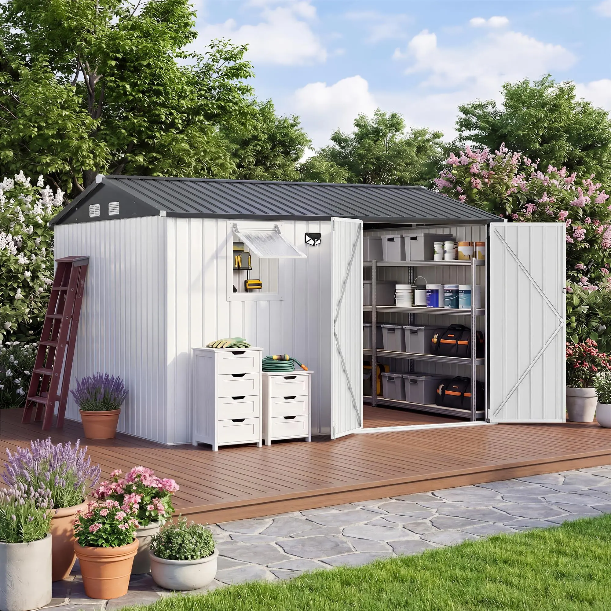 10 x 8 Ft Outdoor Metal Storage Shed with Sloped Roof, Push‑Open Window, LED Light & Pegboard, Ventilated Garden Storage Building