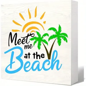 "Meet Me at the Beach" Wood Sign - Boho Coastal Room Decor for Teen Girls - Blue Beachy Shelf and Desk Decor - Tropical Teen Bedroom Gift (5x5 Inch)