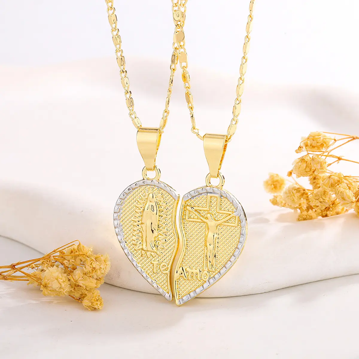 Couples Heart Necklace Set with Virgin Mary & Jesus Pendants, Matching Costume Jewelry for Him and Her