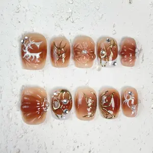 [Deep Glow] Short Square Handmade Press on Nails, Fake Nails with Nail tool kit with Jelly Stickers, Reusable, Durable