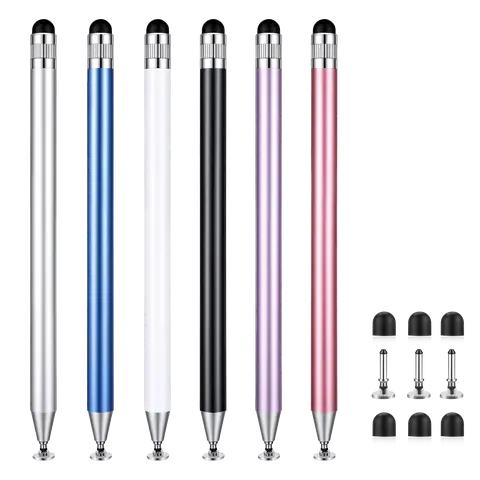 6-Pack 6 Different Colored 2-in-1 Transparent Rubber Stylus Pens, Business Accessories, Lightweight Aluminum Alloy Body, High Accuracy, High Sensitivity, Dual Tips, Comfortable in Hand, for Tablet, Computer Touchscreen Devices