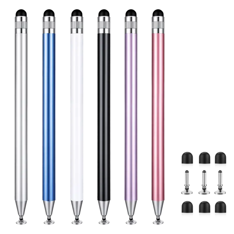 6-Pack 6 Different Colored 2-in-1 Transparent Rubber Stylus Pens, Business Accessories, Lightweight Aluminum Alloy Body, High Accuracy, High Sensitivity, Dual Tips, Comfortable in Hand, for Tablet, Computer Touchscreen Devices